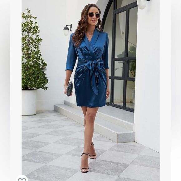 JASAMBAC Ruched Satin Bodycon Dress Lapel 3/4 Sleeve Cocktail Party Dress Sz-SM - Picture 1 of 16